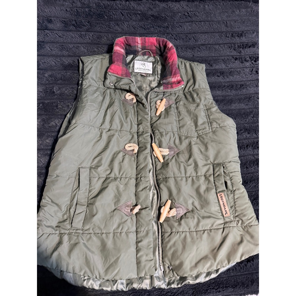 Legendary Whitetails Womens Large Olive‎ Green Quilted Puffer Vest Plaid Collar